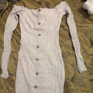 Fashion Nova Off-Shoulder Ribbed Button-Front Mini Dress in Light Gray